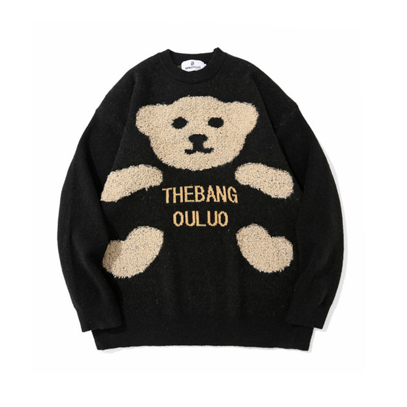 Men Sweater Towel Embroidery Cartoon Bear Knitwear Men High Street Fashion Brand Loose round Neck Sweater