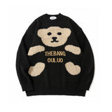 Men Sweater Towel Embroidery Cartoon Bear Knitwear Men High Street Fashion Brand Loose round Neck Sweater