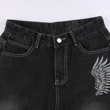 Julia Fox Low Rise Jeans Wings Printing Straight Jeans Hot Girl Low Waist All-Match Slimming Casual Pants