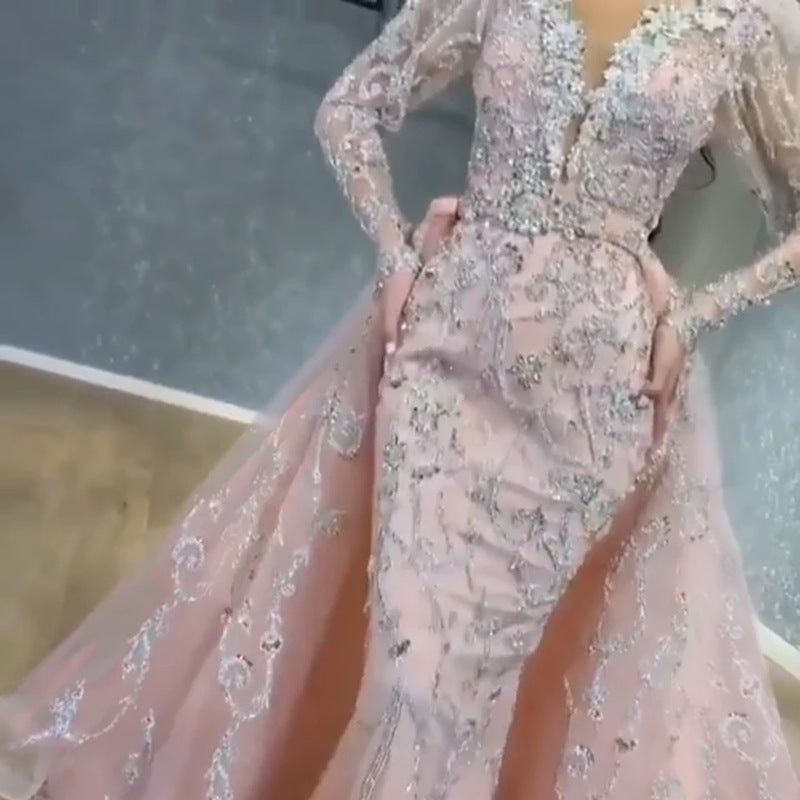 Long Homecoming Dresses Spring Sexy Dress Pink Sequin V-neck Alluvial Gold Dress
