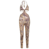 Summer Women's Sexy Low-Cut Sleeveless Printed High Waist Hip Lift Tight Jumpsuit Women