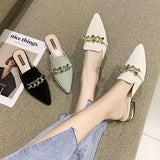 Finn Chain Pointed Toe Mule Closed Toe Half Slippers Women 1 Summer Square Heel Pointed Toe Metal Chain Mules Shoes Women