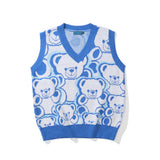 Men Sweater Cartoon Bear Jacquard Knitted Vest Outer Wear Men's Loose V-neck
