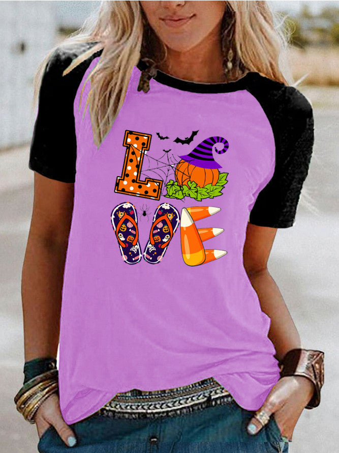 Halloween Costumes Love Pattern Printed Raglan Contrast Color Short Sleeve T-shirt