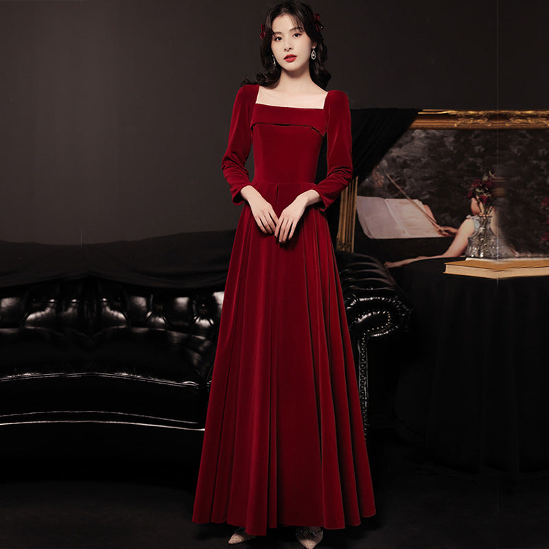 Long Sleeve Burgundy Dress Formal Long Sleeve Temperament Pure Color Long Dress