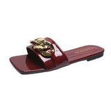Women Open Toe Sands Flats Summer Metal Flat Ankle-Strap Sandals Fashion Flat-Heeled Slippers