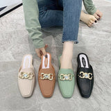 Finn Chain Pointed Toe Mule Rhinestone Bow Ferrule Half Slippers Faux Leather Women's Shoes