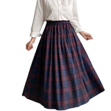 MIDI Mauve Skirt Autumn Stitching Skirt Elastic Waist Loose Casual Plaid A- line Dress
