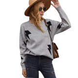 Women Pullover Knit Sweater Lightning Print Pullover Sweater Autumn and Winter Fashion Shoulder-Baring Sweater