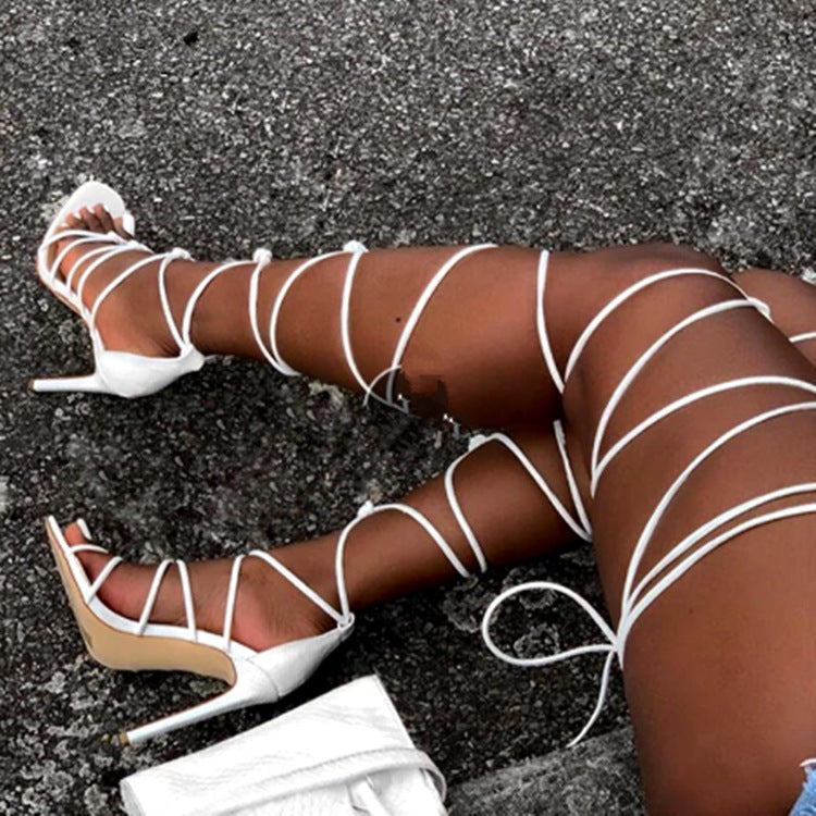 White Strappy Heels Fashion Cross Lace-up High Heel Women's Shoes Spring and Summer