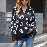 Women Pullover Knit Sweater Autumn and Winter V-neck Leopard Print Fringed Sweater