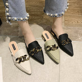 Finn Chain Pointed Toe Mule Slippers Female Summer Outer Wear Pointed Toe Pump Mid Heel Slippers