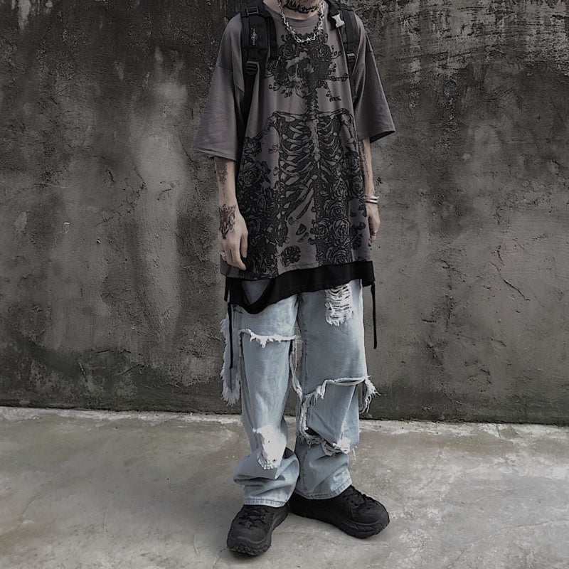 Skull Apparel Skull Print Loose Retro Short Sleeve T-shirt