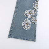 Julia Fox Low Rise Jeans Hollow Embroidered Flowers Burrs Slimming Bootcut Trousers