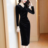 Blue Velvet Dress V-neck Long Sleeve Split Hip Velvet