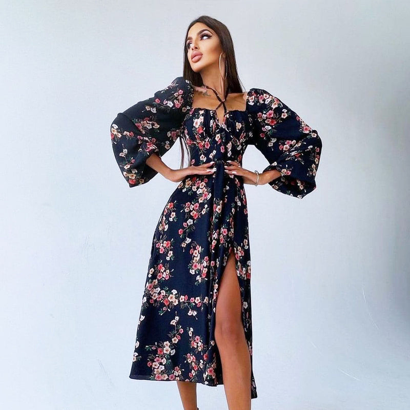 Kendall Jenner Wedding Guest Dress Lantern Long Sleeve Large Swing Skirt Loose Mid-Length High Waist Floral