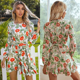 Kendall Jenner Wedding Guest Dress Printed round Neck Long Sleeve with Knotted Short Large Swing