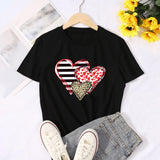 Valentine's Day T Shirt Colorful Plaid Printed Pullover Short Sleeve Women's T-shirt