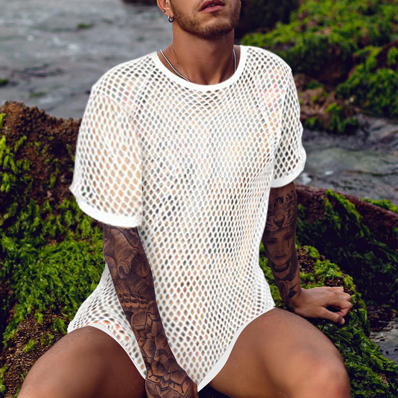 Rave Outfits Mens T Shirt Skinny Hollow-out Woven Slim Fit