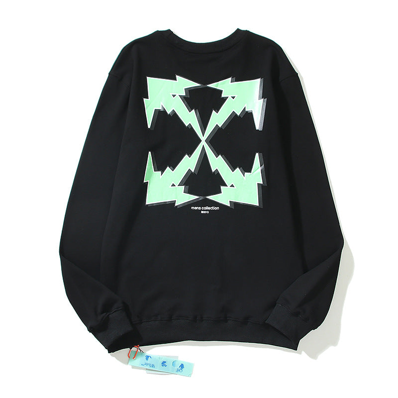 Off White Sweatshirts Autumn And Winter Green Lightning Arrow Pattern Round Neck Sweater