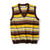Men Sweater Mixed Color Stripe V-neck Sweater Vest Men's Street Waistcoat