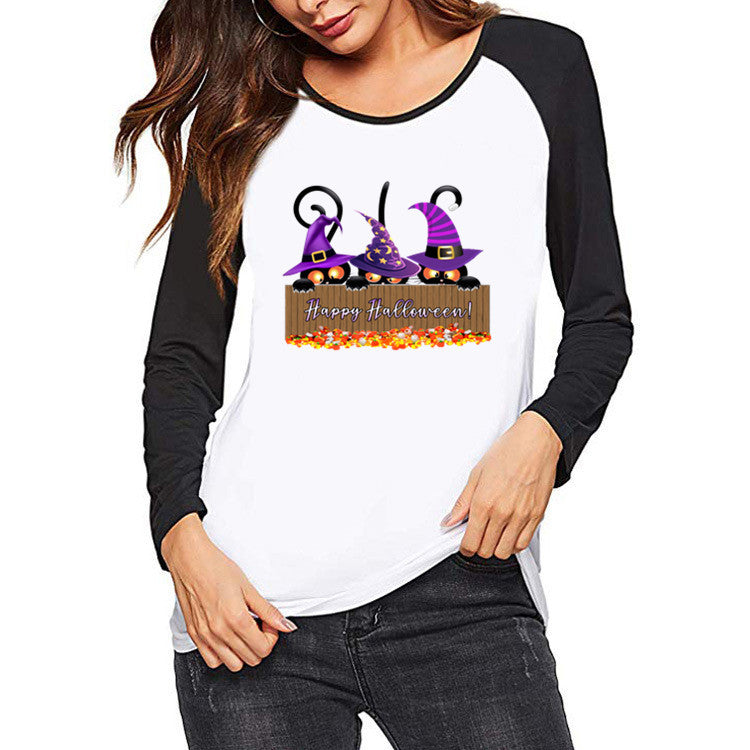 Halloween Costumes Pattern Printed Raglan Color Contrast Long Sleeve T-shirt Women's Top