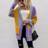 Women Cardigan Knit Sweater Irregular Block Stitching Contrast Color Cardigan