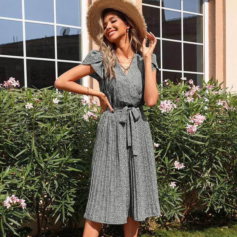 Emerald Green Dress Printed Skirt Pleated V-neck Dress