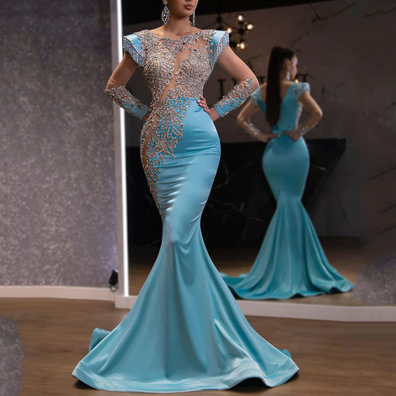 Long Homecoming Dresses Blue Fishtail Dress Banquet Evening Dress for Women