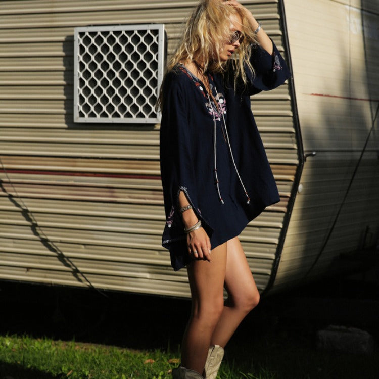 Beth Dutton Bohemian Summer Spring Midi Dress Embroidered Flower Shirt Dress