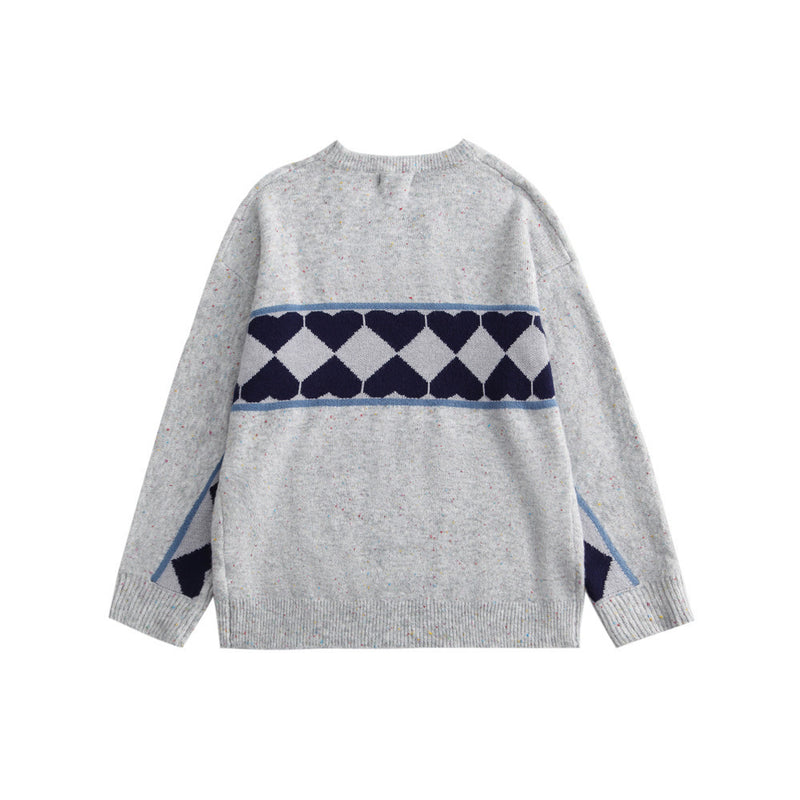 Men Sweater Contrast Color Heart Jacquard Sweater Men Loose round Neck Sweater