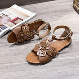 Women Open Toe Sandals Flats Summer Square Heel Flat Large Size Buckle Flower Cutout Casual Sandals