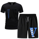 Vlone T Shirts & Shorts 2 Piece Set Men 'S Summer Printed Sports Short-Sleeved T-Shirt Set