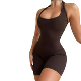 Women's Spring Clothing Solid Color Sexy Backless Halter Short Sports Jumpsuit