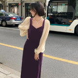 Blue Velvet Dress Waist Slimming Square Collar Puff Sleeve