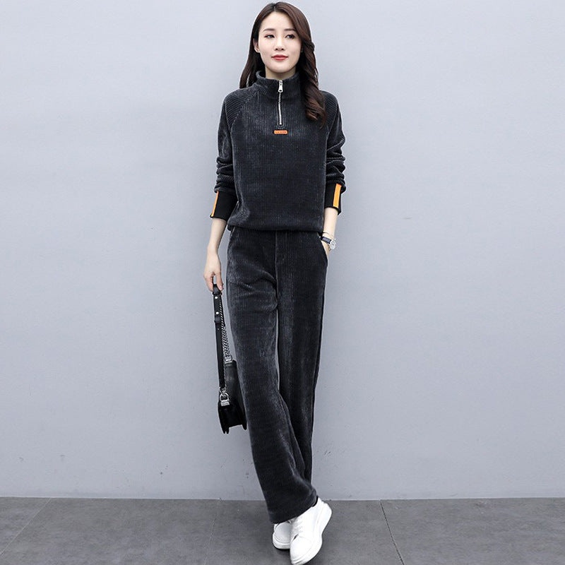Velour Tracksuit Autumn Wide Leg Pants Stand Collar Loose Sweater Two-Piece Set