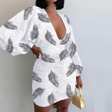 MIDI Mauve Cocktail Dress Autumn Puff Sleeve V-neck Elegant Slim Print Dress