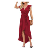 Emerald Green Dress Solid Color Short Sleeve Split Long Dress