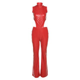 Autumn Sexy Sleeveless Zipper Hollow High Waist Tight Poly Urethane Leather Jumpsuit