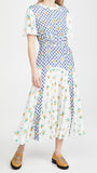 Kendall Jenner Wedding Guest Dress French Sweet Niche Floral Print Plaid Stitching Design round Neck Slimming Short Sleeve Mid-Length