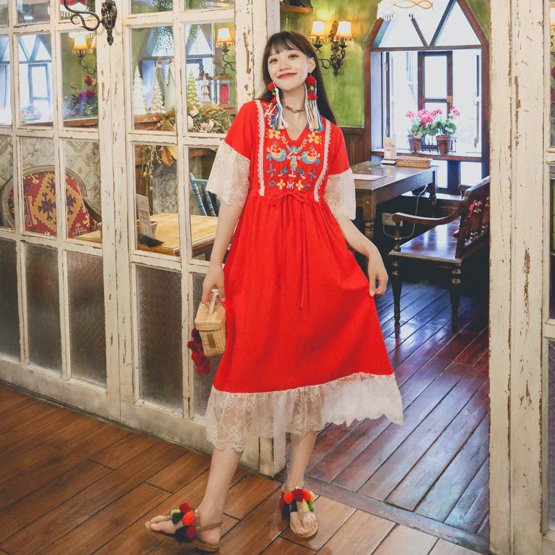 Coachella Music Festival Outfits Embroidery Flower Lace Stitching Cotton and Linen Holiday Tourism Dress
