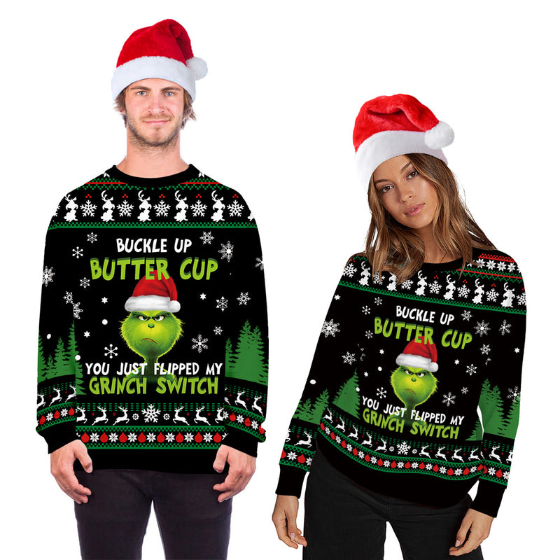 Men and Women Grinch Sweater Christmas Grinch Print Loose-Fitting Casual Pullover