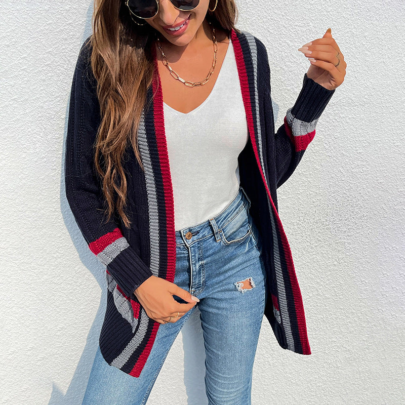 Women Cardigan Knit Sweater Autumn And Winter Striped Pocket Knitted Cardigan