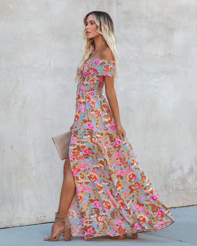 Gypsy Style Dresses High Waist Floral Print off-the-Shoulder Dress
