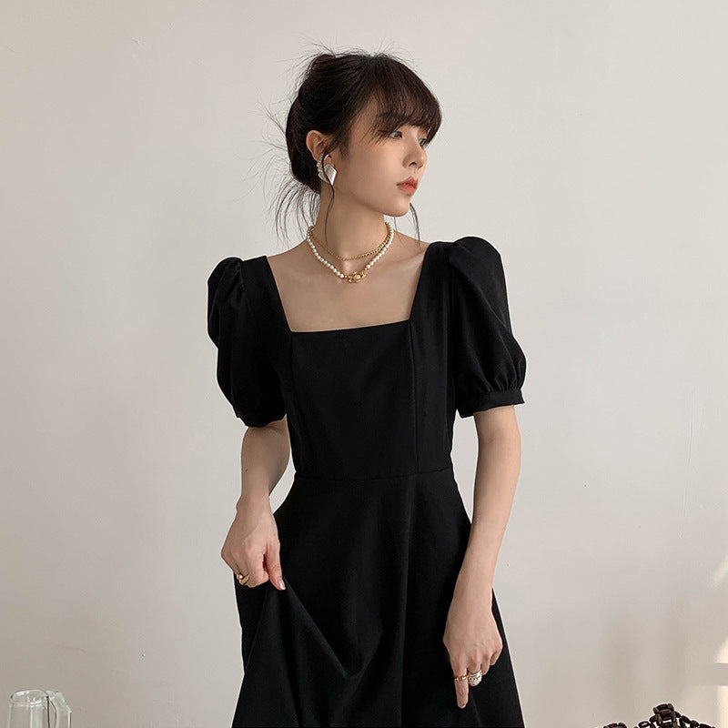 Regency Dress Retro Temperament Square Collar Waist-Tight Long Black Dress