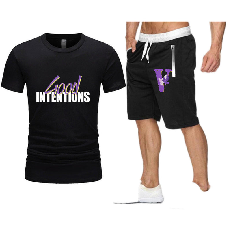 Vlone T Shirts & Shorts 2 Piece Set Letter Large V Printed Short Sleeve