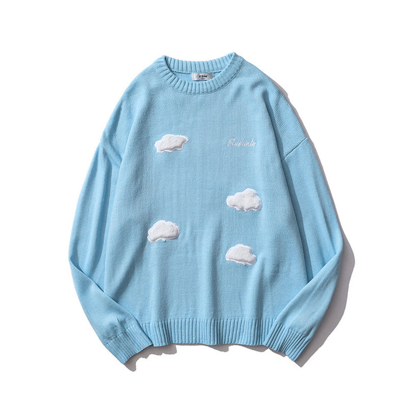 Men Sweater Cloud Embroidered Knitwear Men's Loose round Neck Pullover