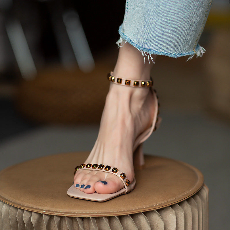 Nude Low Block Heel All-Match Ankle-Strap High Heel Roman Sandals