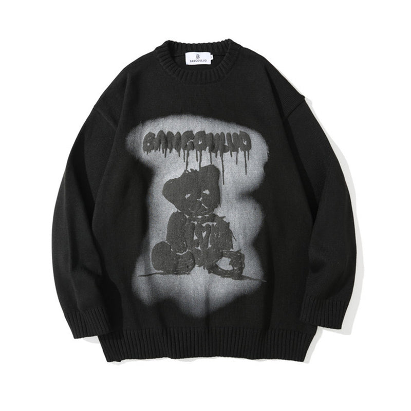 Men Sweater Cartoon Bear Brocade Sweater Men's Trendy Pullover
