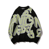 Men Sweater Letter Jacquard Sweater Men's Street Trend round Neck Sweater Loose Pullover